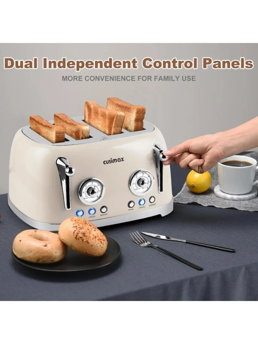 4 Slice Cream Stainless Steel Retro Defrost Toaster with Wide Slots for Bagels